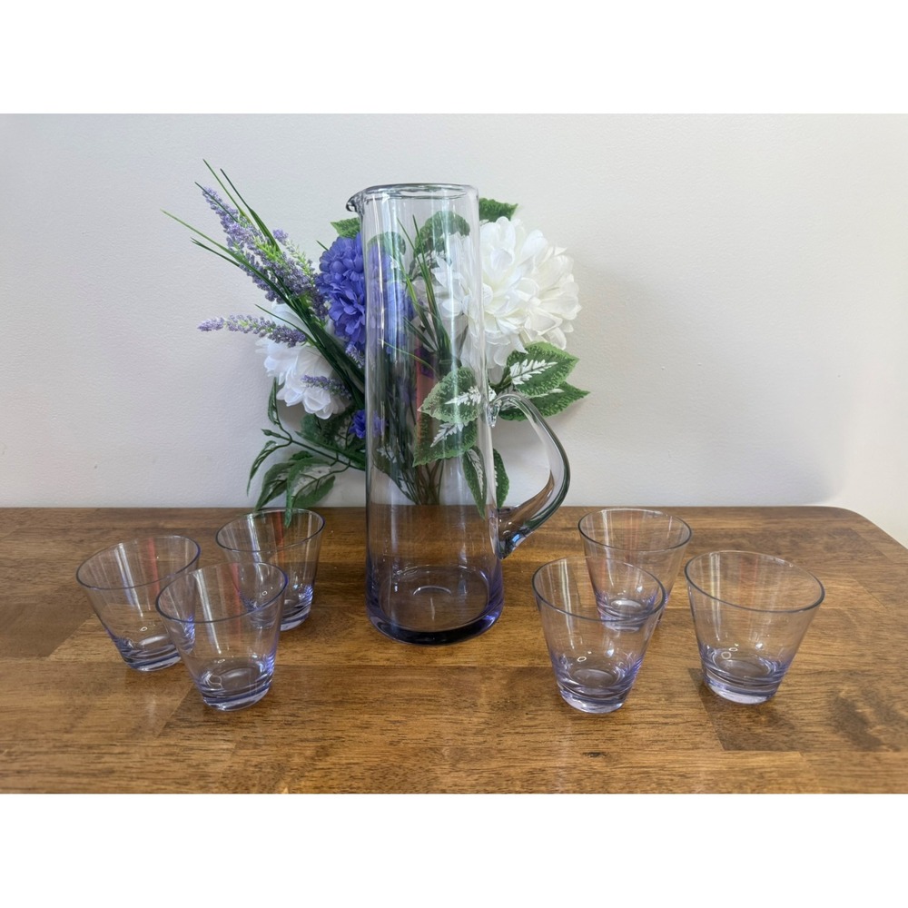 Vintage Violet Art Glass Pitcher 6 Glass Set Elegant Hand-Blown Design‎ MCM Bar